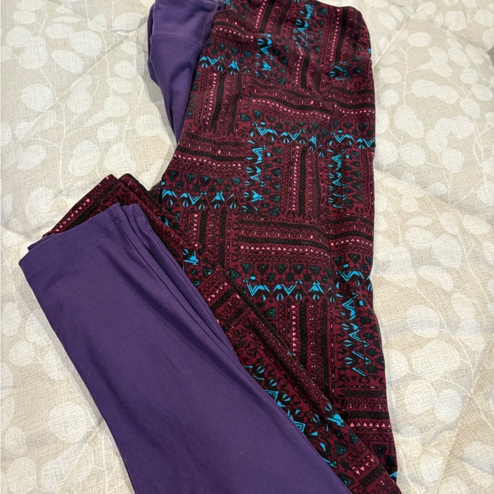LuLaRoe Solid Purple and Purple & Blue Geometric Leggings